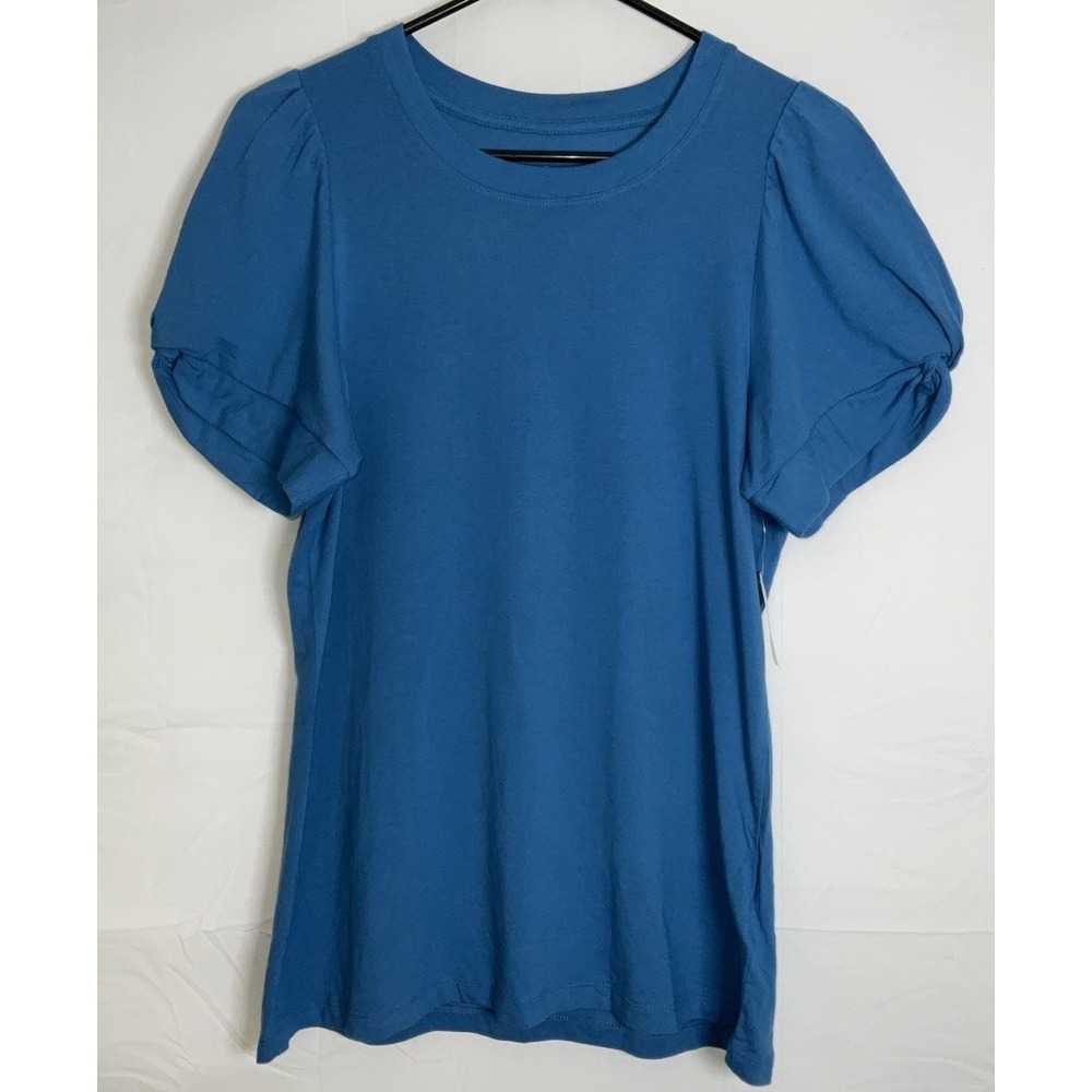 NWT Women's Amazon Essentials Twist Puff Sleeve Crew Neck T-Shirt Blue - Medium